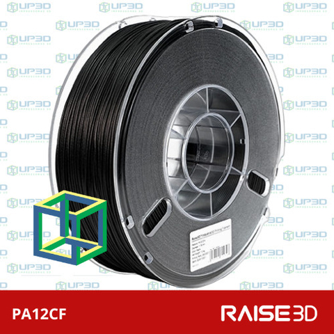 Bobina de filamento Raise3D PA12CF, 1,75mm, 1kg, com cor preta e design industrial.