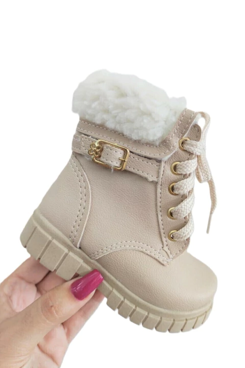 Stilo Rosé 22 - Lulu - Bota Coturno Infantil com Pelinhos Bege Marfim - FP7204BG