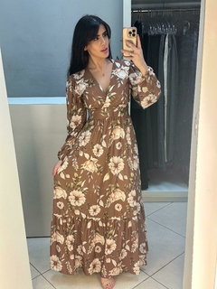 Vestido longo manga comprida em poliéster