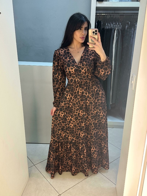 Vestido longo manga comprida em poliéster - comprar online
