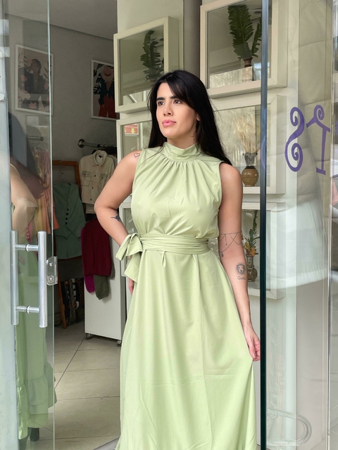 Vestido longo verde babado barra - comprar online