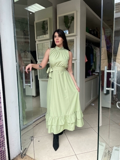 Vestido longo verde babado barra na internet