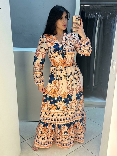 Vestido longo estampado e manga comprida - comprar online