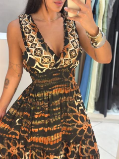 vestido indiano de manguinha preto com nude e laranja - comprar online