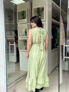 Vestido longo verde babado barra na internet