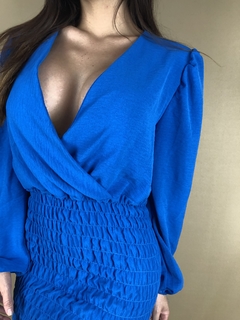 vestido em lastex decote v azul - loja online
