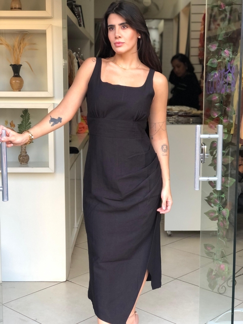 Vestido longo com pregas do lado Preto - comprar online