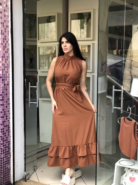 Vestido longo Marrom babado barra - comprar online