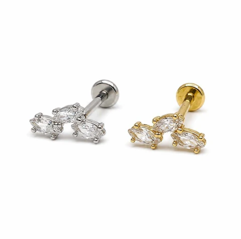 Labret Aço Cirúrgico 1.2mm BANHADO com Pingente (Mod 3 Pedras) BNH-12