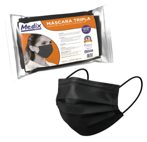 Máscara PRETA MEDIX Tripla Descartável com Filtro (BFE 95%) - Pacote 50 Unidades - comprar online