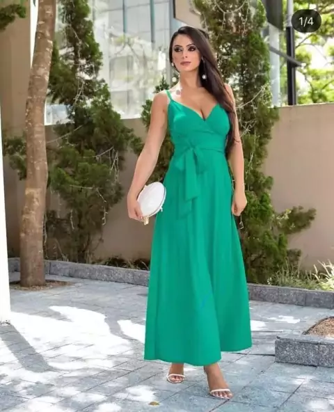 Vestido longo com laço, cor Verde