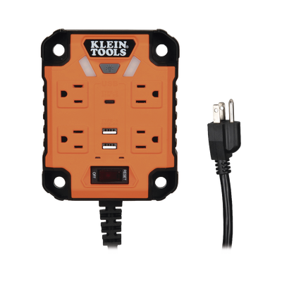 KLEIN TOOLS Multicontacto Powerbox 1, con 4 Salidas 120 Vca, 2 USB-A / 1 USB-C, Luces LED Integradas y Soporte Magnético 29601