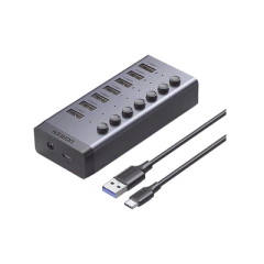 UGREEN HUB de 7 Puertos USB 3.0 / 4 puertos de Carga Inteligente / Interruptor Individual / Indicadores LED / USB 3.0 a 5Gbps / 1 USB-C Hembra (solo datos) / Incluye Adaptador de Corriente 12V 2A / 7 en 1 MOD: 30778