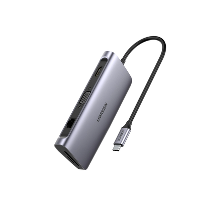 UGREEN HUB USB-C a 3 USB 3.0 / HDMI 4K@30Hz / RJ45 ( Gigabit Ethernet) / VGA / Lector Tarjetas SD+TF (Uso Simultáneo) / USB C PD Carga 100W / 9 en 1 40873