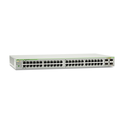 ALLIED TELESIS Switch PoE+ Gigabit WebSmart de 48 puertos 10/100/1000 Mbps (24 Puertos PoE) + 4 puertos gigabit SFP (Combo), 370 W MOD: AT-GS950/48PS-10
