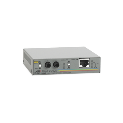 ALLIED TELESIS Convertidor de medios fast ethernet a fibra óptica, conector ST, multi-modo (MMF), hasta 2 km, adaptador de alimentación multiregión MOD: AT-MC101XL-60