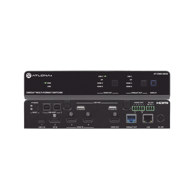 ATLONA OMEGA Switch Matriz 4x2 de AV Multiformato con Entradas HDMI, USB-C y Display Port / Salidas HDMI y HDBaseT / para Videoconferencia y Presentaciones MOD: AT-OME-MS42