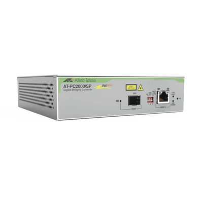 ALLIED TELESIS Convertidor de medios Gigabit Ethernet PoE+ a fibra óptica con puerto SFP Gigabit, la distancia y tipo de fibra óptica depende del transceptor MOD: AT-PC2000/SP-960