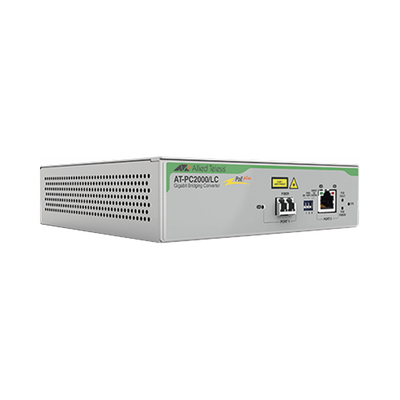 ALLIED TELESIS Convertidor de medios Gigabit Ethernet PoE+ a fibra óptica, conector LC, multimodo (MMF), distancia hasta 550 m MOD: AT-PC2000/LC-90