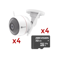 EZVIZ Kit de Camaras WiFi, Incluye 4 Piezas C3W y 4 Piezas HS-TF-L2/32G/P / Audio de Dos Vías / Detección de Movimiento / Luz Blanca / Sirena MOD: C3W/KM4