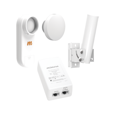 MIMOSA NETWORKS Kit de radios C5X, rango de frecuencia extendida (4.9 a 6.4 GHz), incluye inyector POE, montaje universal para tubo o poste Y una antena de 12 dBi MOD: C5X-N12-PACK