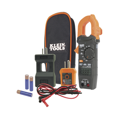 KLEIN TOOLS Kit de Amperímetro de Gancho (400A CA) con Probador de Fase y Divisor (para medir corriente sin cortar el cable). MOD: CL-120-KIT