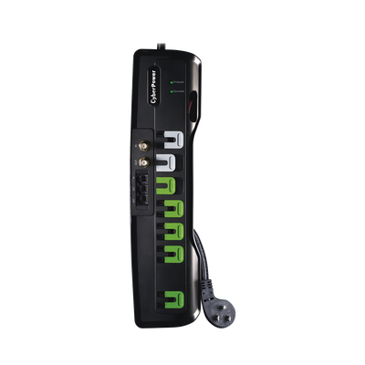CYBERPOWER Multicontacto Con Supresor de Picos, Voltaje de Entrada 125 Vca NEMA 5-15P, Con 7 Salidas NEMA 5-15R, 1950 Joules, Protección RJ11 y Coaxial RG6 MOD: CSHT706TC