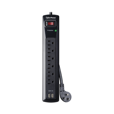 CYBERPOWER Multicontacto Con Supresor de Picos, Voltaje de Entrada 125 Vca NEMA 5-15P, Con 6 Salidas NEMA 5-15R, 2 Puertos de Carga USB, 1200 Joules MOD: CSP604U