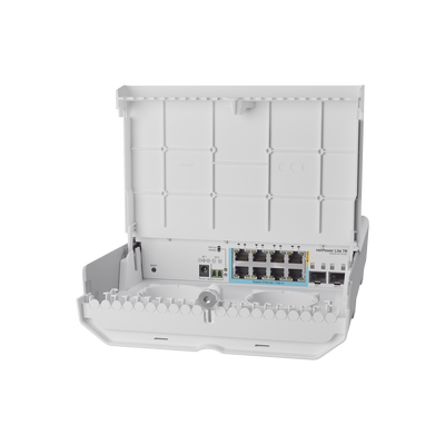 MIKROTIK (CSS610-1Gi-7R-2S+OUT) netPower Lite 7R Switch Smart 7 puertos PoE Inverso Gigabit, 2 SFP+ 10G, para exterior MOD: CSS610-1GI-7R-2S+OUT