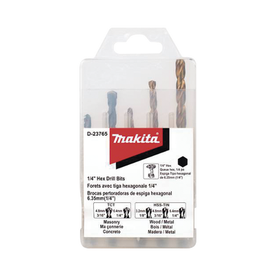 MAKITA Juego de 5 Brocas con Inserción Hexagonal de 1/4". De concreto: 3/16" y 1/4". Para metal: 1/8", 3/16" y 1/4". MOD: D-23765