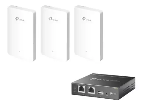 Kit de 3 Puntos de acceso Omada, 1 Controlador, doble banda 802.11ac, PoE 802.3af/at, MU-MIMO, MIMO 2x2 diseño placa de pared con tres puertos adicionales, soporta hasta 100 clientes. MOD:EAP225-WALL-KIT3-OC200