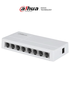 DAHUA DH-SF1008L - Switch de Escritorio con 8 puertos Fast Ethernet (10/100 Mbps), diseño compacto de capa 2, con capacidad de switching de 1.6 Gbps y velocidad de reenvío de paquetes de 1.19 Mpps. Ideal para redes eficientes y compactas.