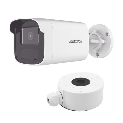 HIKVISION KIT DE CÁMARA + MONTAJE / Bala IP 4 Megapixel / Lente 4 mm / 50 mts IR / WDR 120 dB / Exterior IP67 / Hik-Connect P2P / H.265+ / PoE MOD: DS-2CD1T43G0-I/XSP