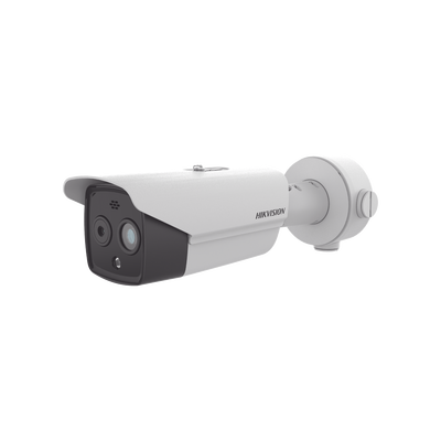 HIKVISION Bala IP Dual / Térmica 3.6 mm (256 × 192) / Óptico 4.3 mm (4 Megapixel) / 30 mts IR / Exterior IP67 / PoE / Termométrica / Detección de Temperatura / Sirena y Luz Intermitente Integrada / MicroSD MOD: DS-2TD2628-3/QA
