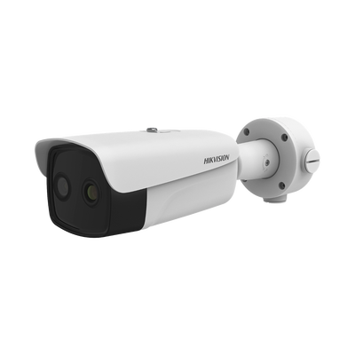 HIKVISION Bala IP Dual / Térmica 15 mm (384 X 288 ) / Óptico 6 mm (4 Megapixel) / 50 mts IR / IP66 / PoE / Termométrica / Detección de Temperatura y Fuego / MicroSD MOD: DS-2TD2637-15/P(B)