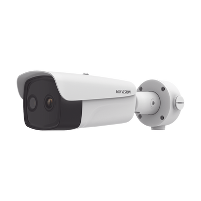 HIKVISION Bala IP Dual / Térmica 35 mm (384 X 288 ) / Óptico 15 mm (4 Megapixel) / 100 mts IR / IP66 / PoE / Termométrica / Detección de Temperatura / MicroSD MOD: DS-2TD2637-35/QY(B)