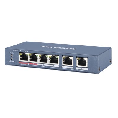 HIKVISION Switch PoE+ / No Administrable / 3 Puertos 10/100 Mbps 802.3 af/at (30 W) + 1 Puerto 100 Mbps Hi-PoE (60 W) / 2 Puertos 10/100 Mbps Uplink / 250 Metros PoE Larga Distancia / 60 W MOD: DS-3E0106HP-E