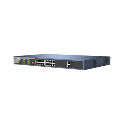 HIKVISION Switch PoE 250 Metros Larga Distancia / 16 Puertos 802.3at (30 W) 100 Mbps + 2 Puertos Gigabit + 2 Puertos SFP DS-3E03-18PE