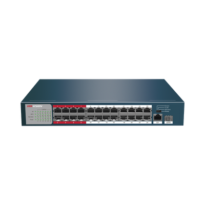 HIKVISION Switch PoE+ / No Administrable / 24 Puertos 10/100 Mbps PoE+ / 1 Puerto 10/100/1000 Mbps + 1 Puerto SFP Uplink / PoE hasta 250 metros / 230 W MOD: DS-3E0326P-E/M(B)
