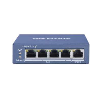 HIKVISION Switch Gigabit PoE+ / No Administrable / 4 Puertos 10/100/1000 Mbps PoE+ / 1 Puerto 10/100/1000 Mbps Uplink / 35 W MOD: DS-3E0505P-E/M