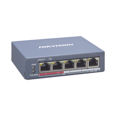 HIKVISION Switch Monitoreable PoE+ / 4 puertos 10/100 Mbps PoE+ / 1 puerto RJ45 Uplink / PoE Hasta 250 Metros / 60 W / Conexión Remota desde Hik-PartnerPro MOD: DS-3E1105P-EI