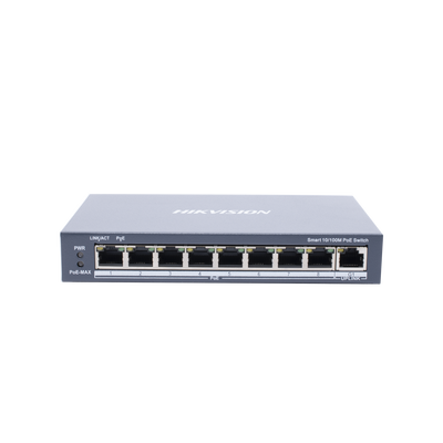 HIKVISION Switch Monitoreable PoE+ / 8 puertos 10/100 Mbps PoE+ / 1 puerto 10/100/1000 Mbps de Uplink / PoE hasta 250 metros / conexión remota desde Hik-ParnerPro / 110 W MOD: DS-3E1309P-EI