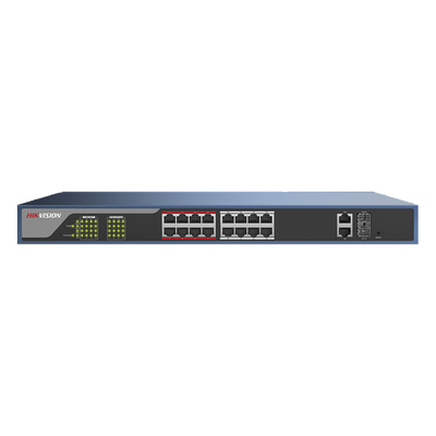 HIKVISION Switch PoE 250 Metros Larga Distancia / Administrable / Configuración WEB / 16 Puertos 802.3at (30 W) 100 Mbps + 2 Puertos Gigabit + 2 Puertos SFP MOD: DS-3E1318P-E