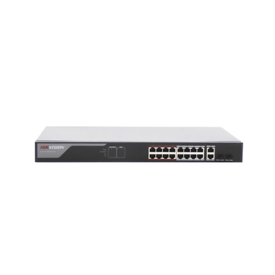 HIKVISION Switch Monitoreable PoE+ / 16 puertos 10/100 Mbps PoE+ / 2 puertos 10/100/1000 Mbps + 2 puertos SFP de Uplink / PoE hasta 250 metros / conexión remota desde Hik-PartnerPro / 230 W MOD: DS-3E1318P-EI