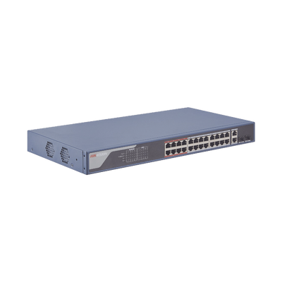 HIKVISION Smart Switch PoE+ Administrable / 24 puertos 10/100 Mbps PoE+ (hasta 300 m) + 2 puertos 10/100/1000Mbps + 2 Puertos SFP Uplink / 370 W / Hik-PartnerPro y Hik-Central MOD: DS-3E1326P-SI