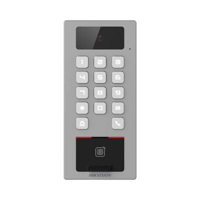 HIKVISION Lector Biometrico con Teclado para Exterior Antivandálico IP65 & IK09 con función de Videoportero Multiapartamento / Huella, Tarjeta, Código QR, PIN o App HikConnect / Cámara 2 MP compatible con DVRs y NVRs MOD: DS-K1T502DBFWX-C