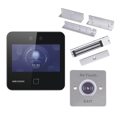 HIKVISION Kit de Control de Acceso TODO INCLUIDO con Lector de Rostros, QRs y Tarjetas / 1,500 rostros / Compatible con App HIKConnect /Incluye Electroimán Botón de Salida y Montajes Z y L para imán DS-KAS343