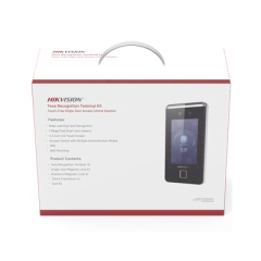 HIKVISION Kit de Control de Acceso TODO INCLUIDO con Lector de Rostros, QRs , Tarjetas y Huellas / 3,000 Rostros / Compatible con App HIKConnect / Videoportero / Incluye Electroimán Botón de Salida y Montajes Z y L para imán DS-KAS541