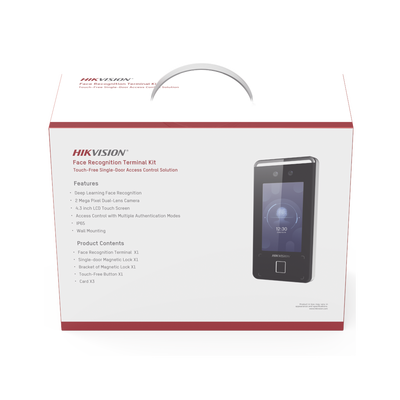 HIKVISION Kit de Control de Acceso TODO INCLUIDO con Lector de Rostros, QRs , Tarjetas y Huellas / 3,000 Rostros / Compatible con App HIKConnect / Videoportero / Incluye Electroimán Botón de Salida y Montajes Z y L para imán DS-KAS541