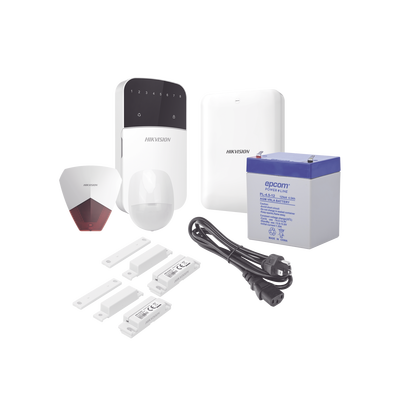 HIKVISION KIT Panel de Alarma / 1 Panel Híbrido / 1 Teclado 8 zonas / 1 PIR / 2 Contactos Magnéticos / 1 Cable de alimentación / 1 Sirena/ 1 Bateria de 12vcc 4.5Amp MOD: DS-PHA64V2/H8L